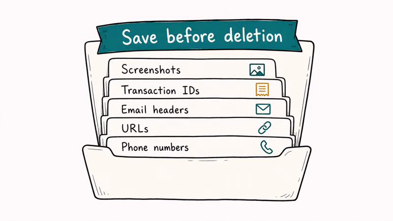 Hand-drawn open folder showing five evidence items to save before deletion including screenshots and IDs
