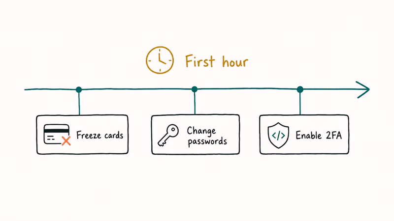 Hand-drawn first-hour scam response timeline with three actions to freeze cards change passwords and enable 2FA