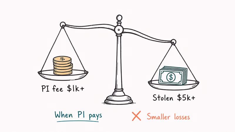 Hand-drawn balance scale showing when a private investigator pays off only above larger stolen amounts
