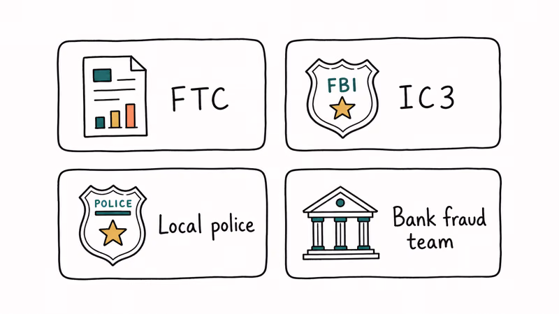 Hand-drawn grid of four official scam-reporting paths FTC IC3 local police and the bank fraud team