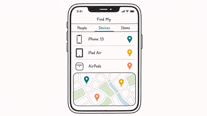iPhone Find My app Devices tab listing iPhone iPad and AirPods with corresponding pins on map snippet below.