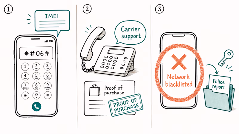 Three-panel storyboard showing how to find the IMEI, contact the carrier with proof of purchase, and blacklist the