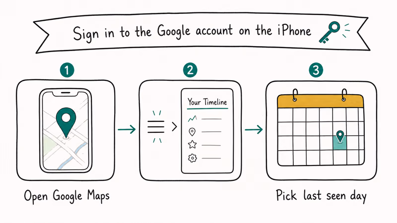Three-step strip showing how to open Google Maps Your Timeline and pick the last seen day.