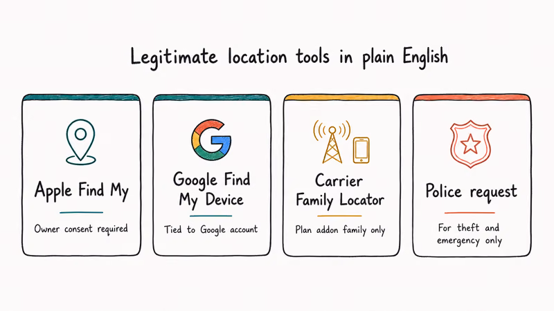 Four card strip showing legitimate location tools Apple Find My Google Find My Device carrier family locator and