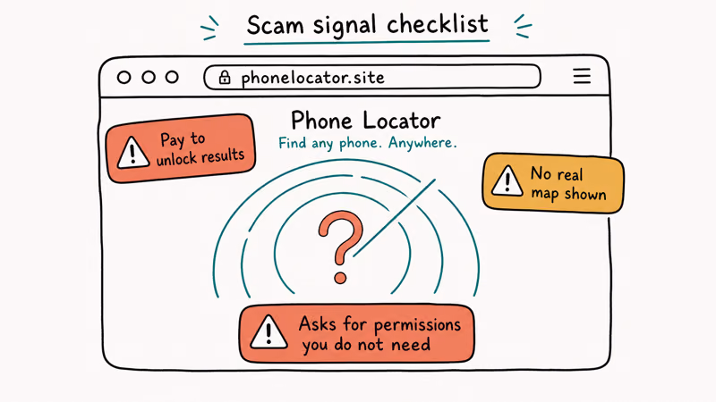 Scam phone tracker site browser window with three red flag badges pay to unlock no real map and