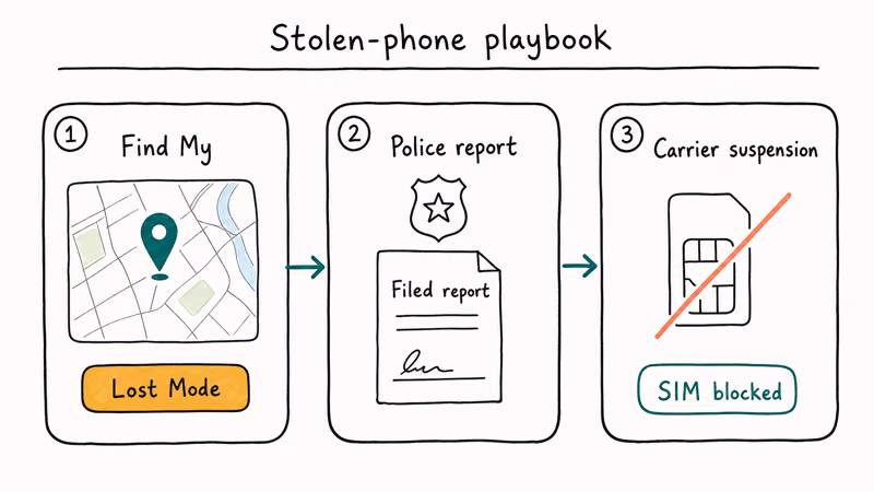 Three step stolen phone playbook Find My Lost Mode police report and carrier SIM suspension cards.