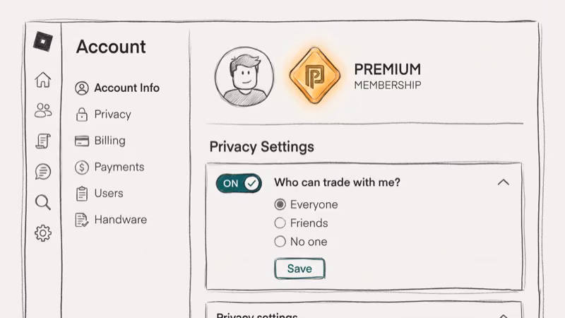 Roblox account Privacy settings screen showing trade permission toggle being enabled with Premium badge