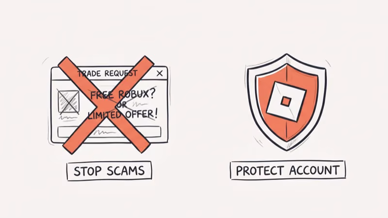 Warning sign with red X blocking a suspicious trade request and shield icon representing scam protection