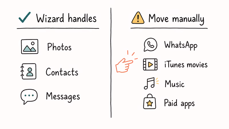 Two columns showing wizard-handled items versus WhatsApp, music, and paid apps needing manual transfer