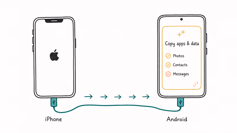An iPhone and Android phone joined by a cable copying photos, contacts, and messages during setup