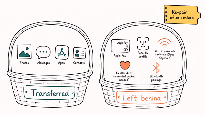 Two basket visualization showing what data iPhone transfer carries over versus items left behind needing re-setup