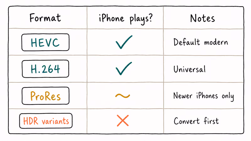 Comparison card showing which GoPro video formats play natively on iPhone and which need conversion.