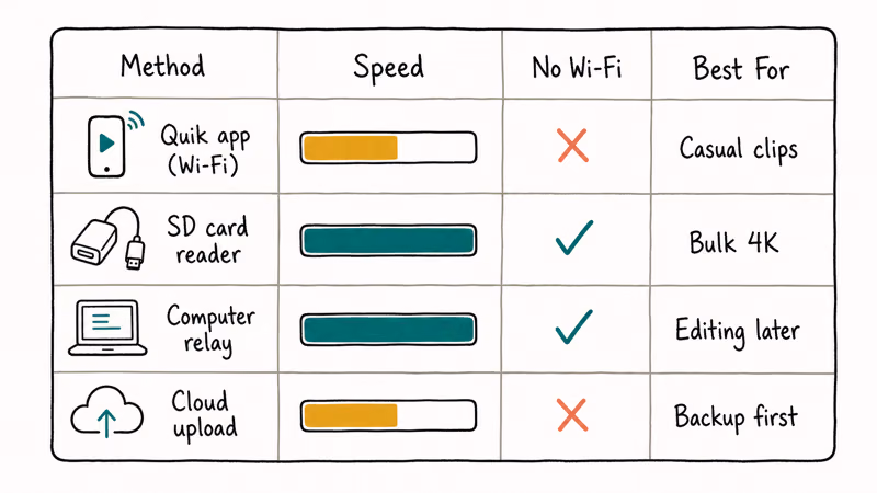 Decision table comparing four GoPro to iPhone transfer methods on speed, Wi-Fi need, and best use case.