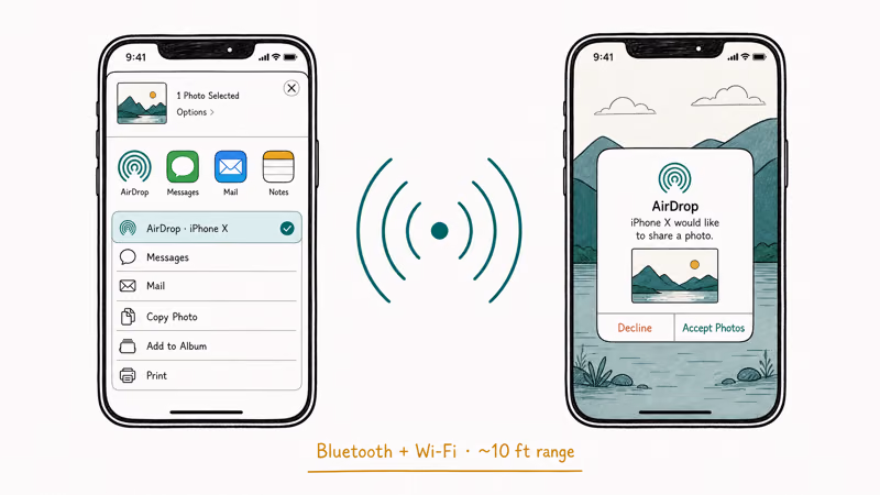 Two hand-drawn iPhones with AirDrop pulse showing share sheet on sender and accept popup on receiver iPhone X.