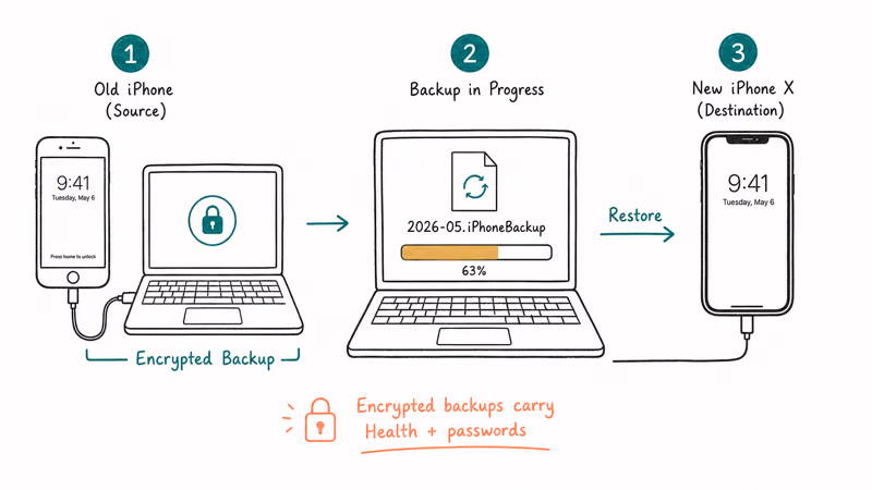 Three-station hand-drawn flow showing iPhone backup to laptop encrypted then restore to new iPhone X.