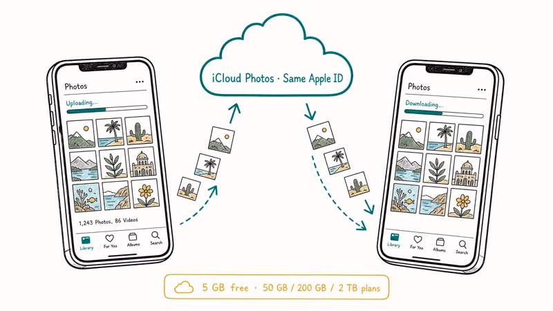 Hand-drawn two iPhones syncing photos through iCloud cloud with same Apple ID and storage plan band below.