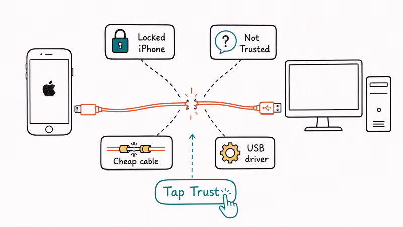 Cause map showing four common reasons Windows 10 fails to detect an iPhone for photo transfer.