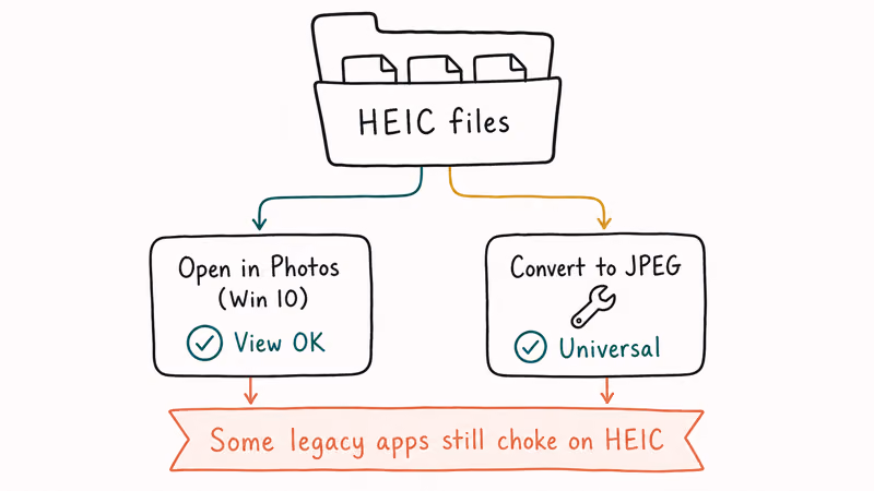 Branch flowchart showing two options for HEIC files imported from iPhone to Windows 10.