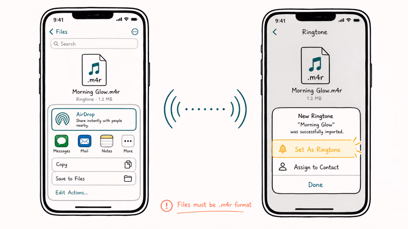 Two hand-drawn iPhones with AirDrop pulse showing m4r ringtone file shared and Set As Ringtone prompt on receiver.
