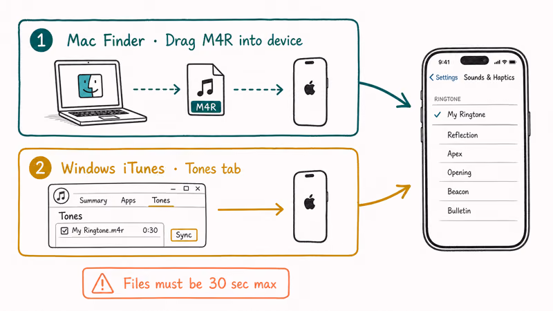Two hand-drawn lanes showing Mac Finder drag method and Windows iTunes Tones tab method for ringtone sideload.