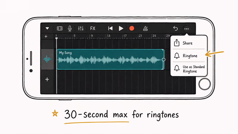 Hand-drawn GarageBand interface with waveform selected and Share Ringtone menu Use as Standard Ringtone highlighted.