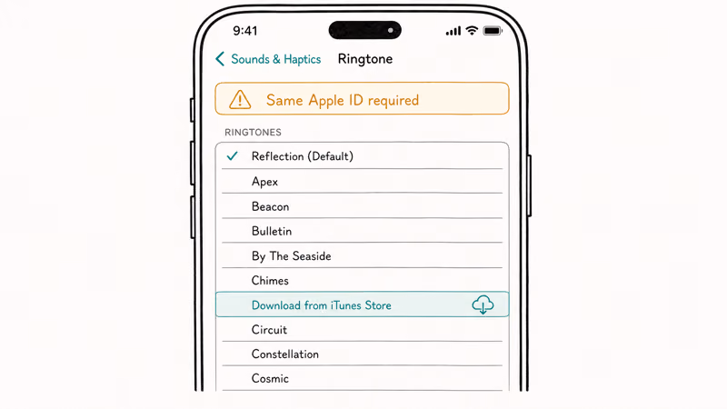 Hand-drawn Sounds Haptics screen showing Ringtone list with cloud download icon next to a purchased ringtone entry.