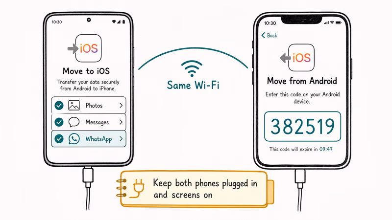 Android and iPhone side by side running Move to iOS wizard with WhatsApp option checked and Wi-Fi handshake