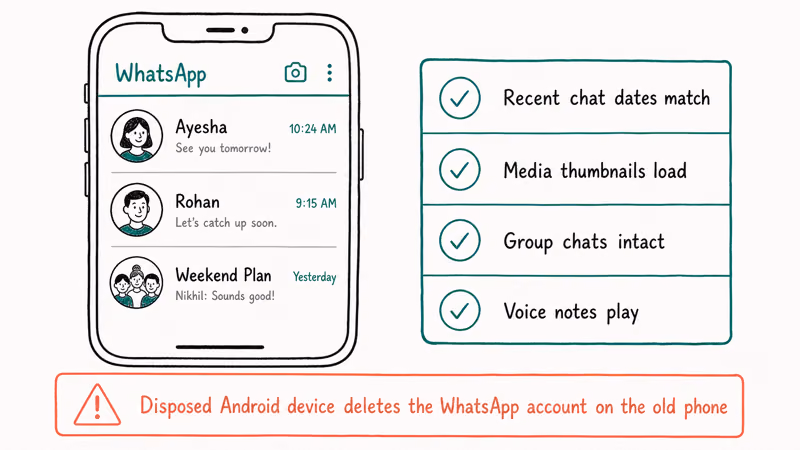 iPhone WhatsApp chat list with verification checklist confirming media chats voice notes intact after transfer