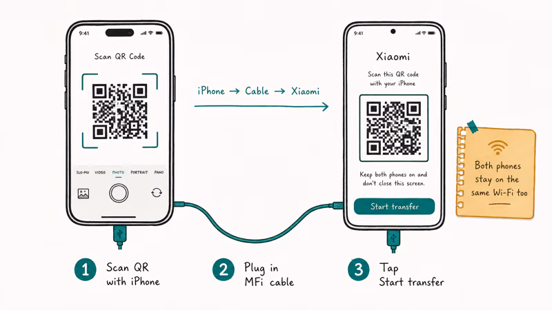 iPhone and Xiaomi connected by cable with QR code scan flow and three numbered transfer steps below the