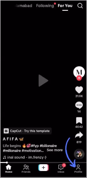Your profile on TikTok with the menu icon highlighted