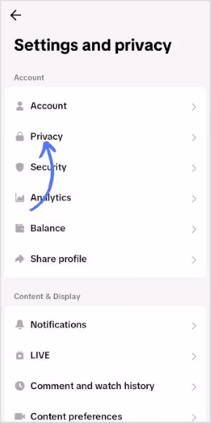 TikTok Privacy settings showing Activity Status toggle