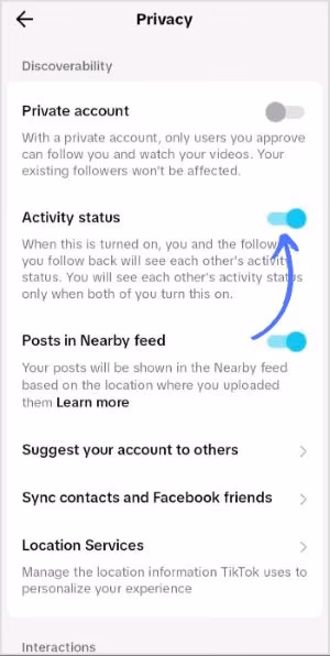 TikTok Privacy settings showing additional options