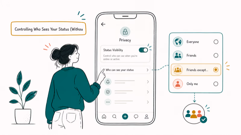 Hand-drawn illustration: Controlling Who Sees Your Status (Without Turning It Off)