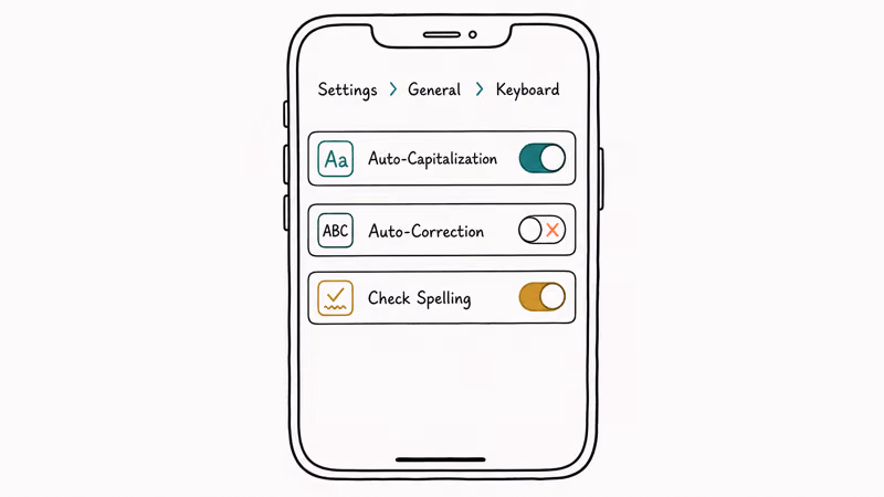 iPhone Settings General Keyboard page with Auto Correction toggle off and Auto Capitalization on plus Check Spelling row.