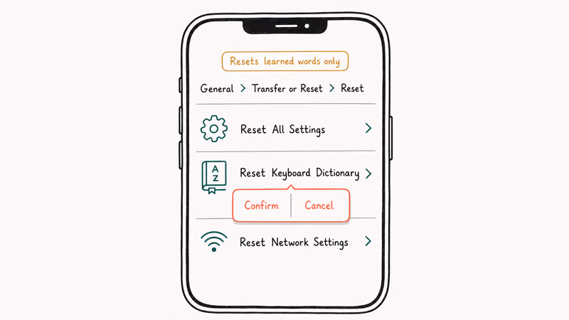 iPhone Reset Keyboard Dictionary screen with confirmation overlay and caption about learned words only being reset.