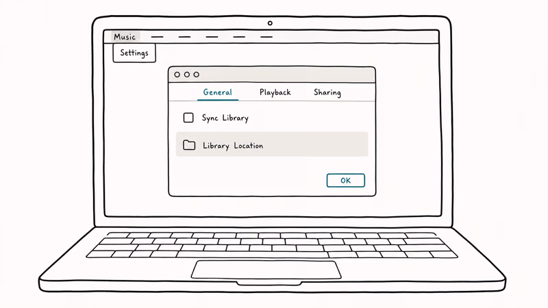 Hand-drawn Mac Music app Settings window with General tab open and Sync Library checkbox unchecked.