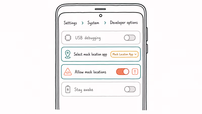 Android Developer options screen showing Select mock location app and Allow mock locations toggle settings.