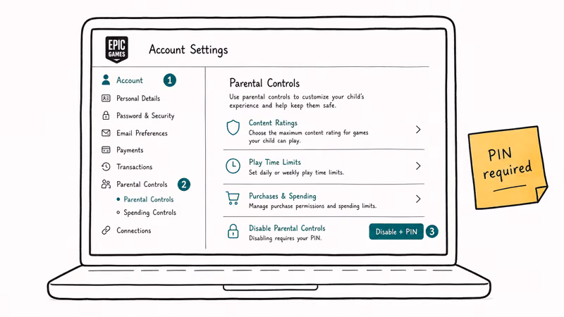 Hand-drawn Epic Games account settings with three numbered taps showing the PIN-confirmed disable flow