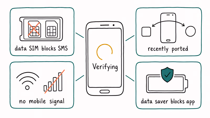 Four common causes of RCS verification stuck on Android shown around central phone.