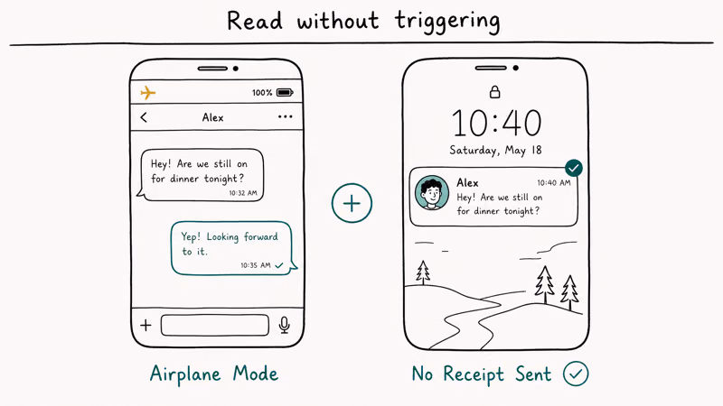 Phone diptych showing airplane mode and notification preview workaround to read Instagram DMs without sending receipts.