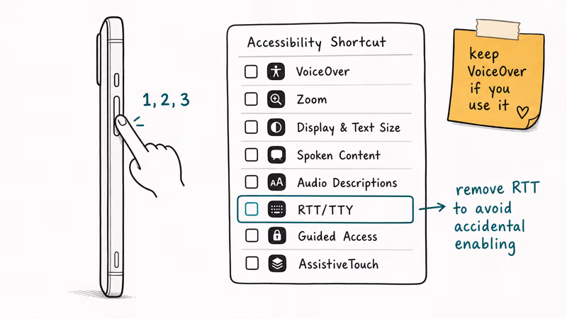 iPhone triple click side button gesture with Accessibility Shortcut menu showing RTT TTY checkbox unchecked