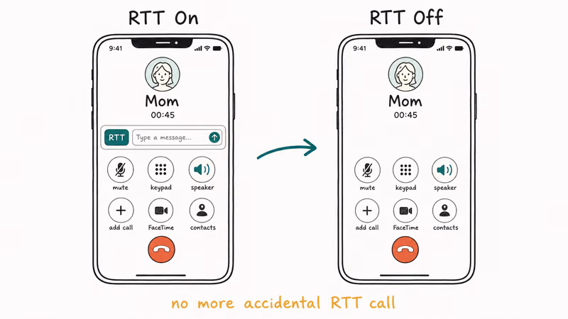 Side by side iPhone call screens comparing RTT enabled with extra button against the cleaner RTT disabled screen