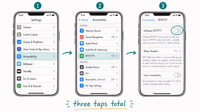 Three iPhone screens showing Settings Accessibility RTT TTY toggle off with numbered step badges