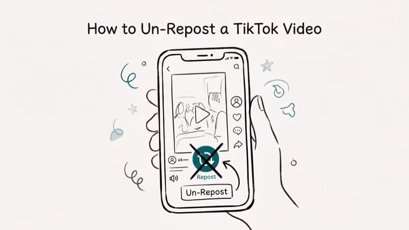 TikTok video share menu with Remove Repost option highlighted and repost icon with X through it