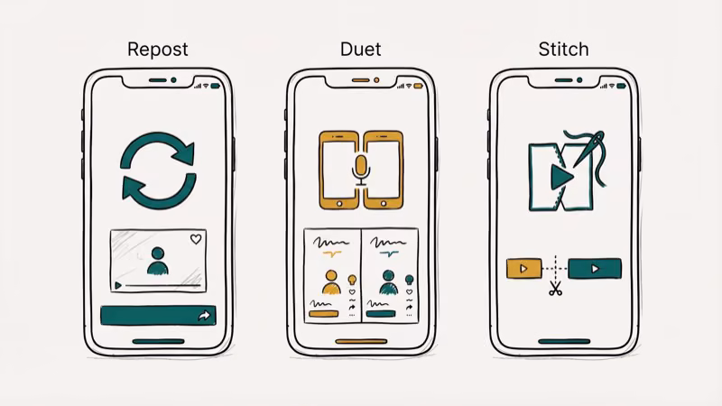 Three smartphones side by side showing TikTok Repost, Duet, and Stitch feature icons for comparison