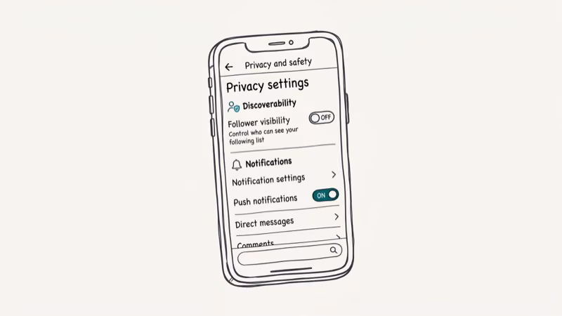 TikTok privacy settings screen showing follower visibility toggles and notification preferences