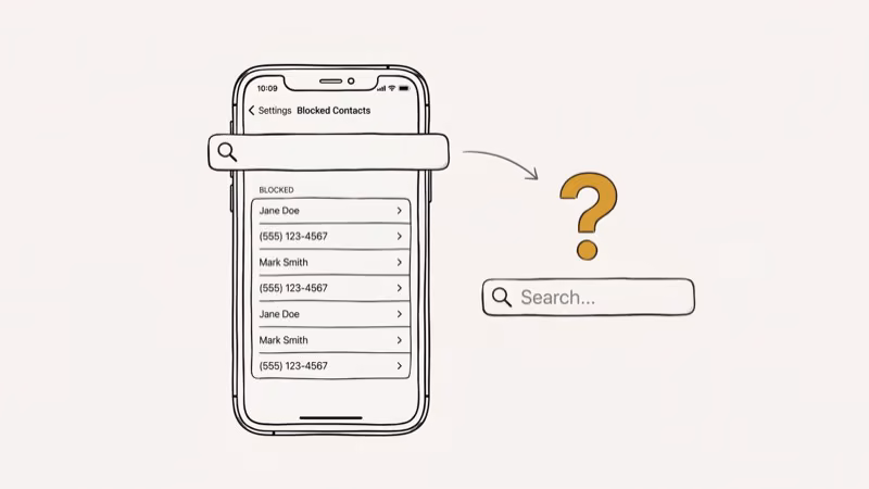 iPhone blocked contacts list with empty search bar and question mark icon showing missing contact