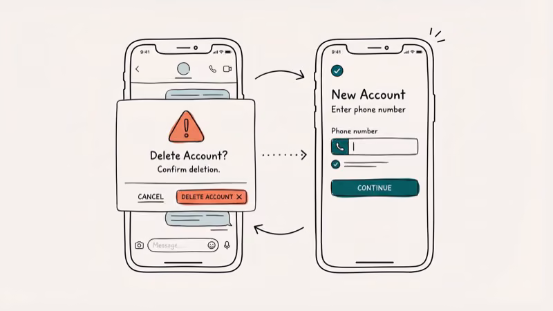 WhatsApp account deletion confirmation dialog next to new account creation screen showing the recreate process