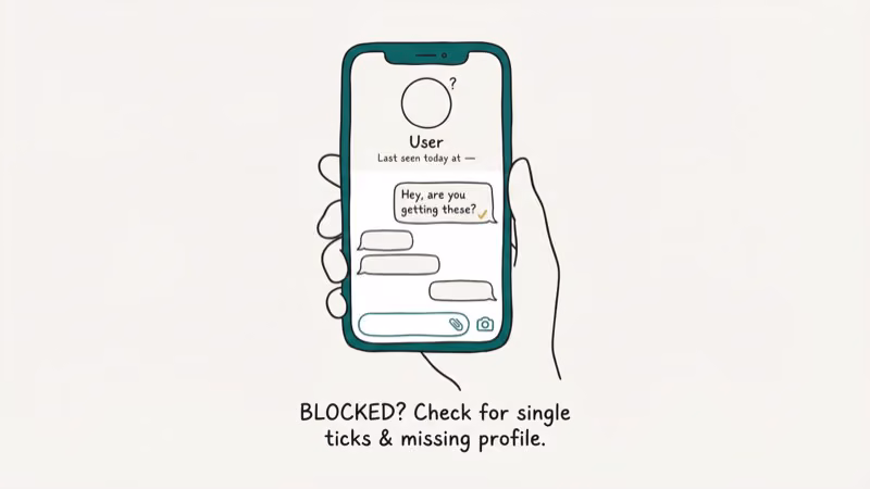 WhatsApp chat showing single grey tick on sent messages and missing profile picture indicating a block