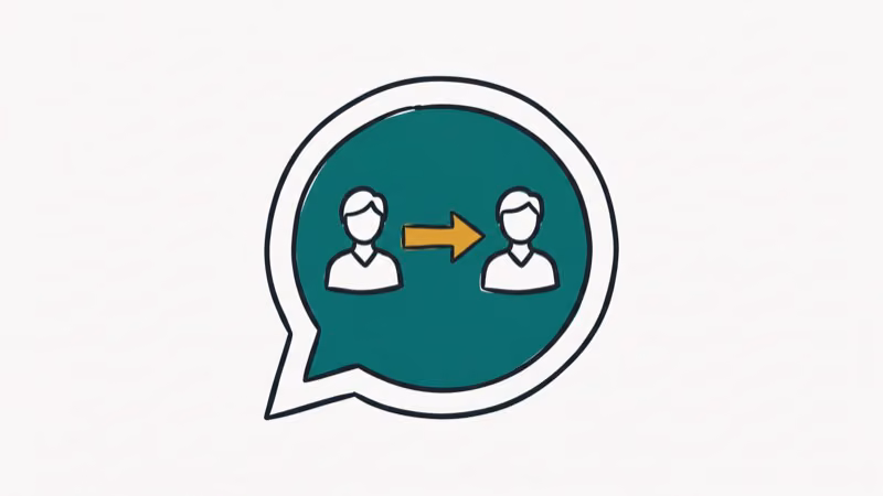 WhatsApp group chat icon with two person icons and an amber connecting arrow showing group mediation workaround